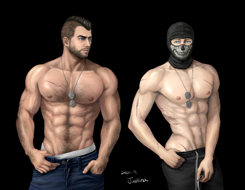 2boys abs arm_hair artist_name balaclava bara black_gloves black_hair black_pants blue_eyes blue_pants call_of_duty call_of_duty:_modern_warfare_2 chest_hair facial_hair ghost_(modern_warfare_2) gloves hand_in_pocket highres jewelry justina_gss large_pectorals male_focus male_underwear male_underwear_peek multiple_boys muscular muscular_male navel necklace nipples pants pectorals scar scar_on_arm scar_on_chest short_hair sidecut soap_(modern_warfare_2) topless_male underwear white_male_underwear