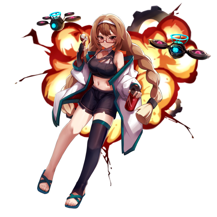1girl absurdres bangs bike_shorts braid breasts brown_eyes brown_hair can cleavage closed_mouth evil_eye_sigma explosion full_body gears glasses hairband halterneck highres holding holding_can holding_wrench jacket long_hair looking_at_viewer medium_breasts midriff navel off_shoulder red-framed_eyewear rika_(touhou) robot sandals semi-rimless_eyewear simple_background single_thighhigh solo thighhighs touhou touhou_(pc-98) twin_braids very_long_hair white_background white_hairband white_jacket wrench yingzi_luren