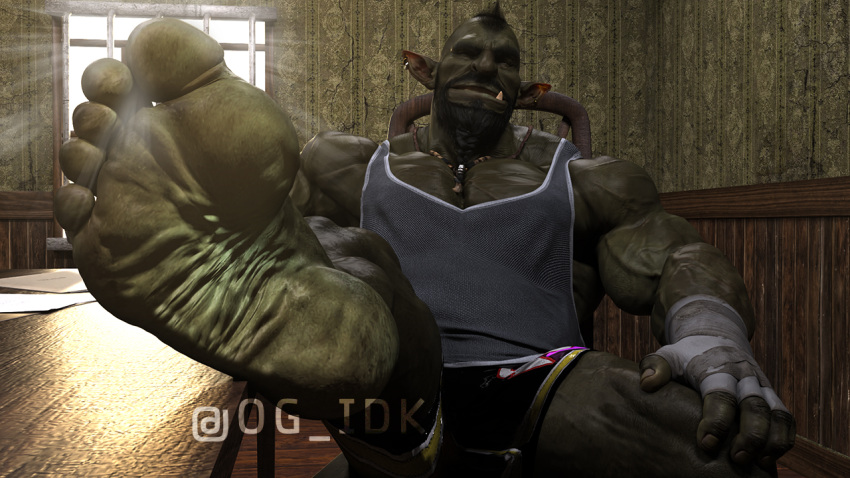 clothed clothing feet foot_fetish foot_play goblin green_body green_skin humanoid humanoid_pointy_ears male muscular muscular_humanoid muscular_male og_idk pecs solo thegreenfoot vein veiny_muscles