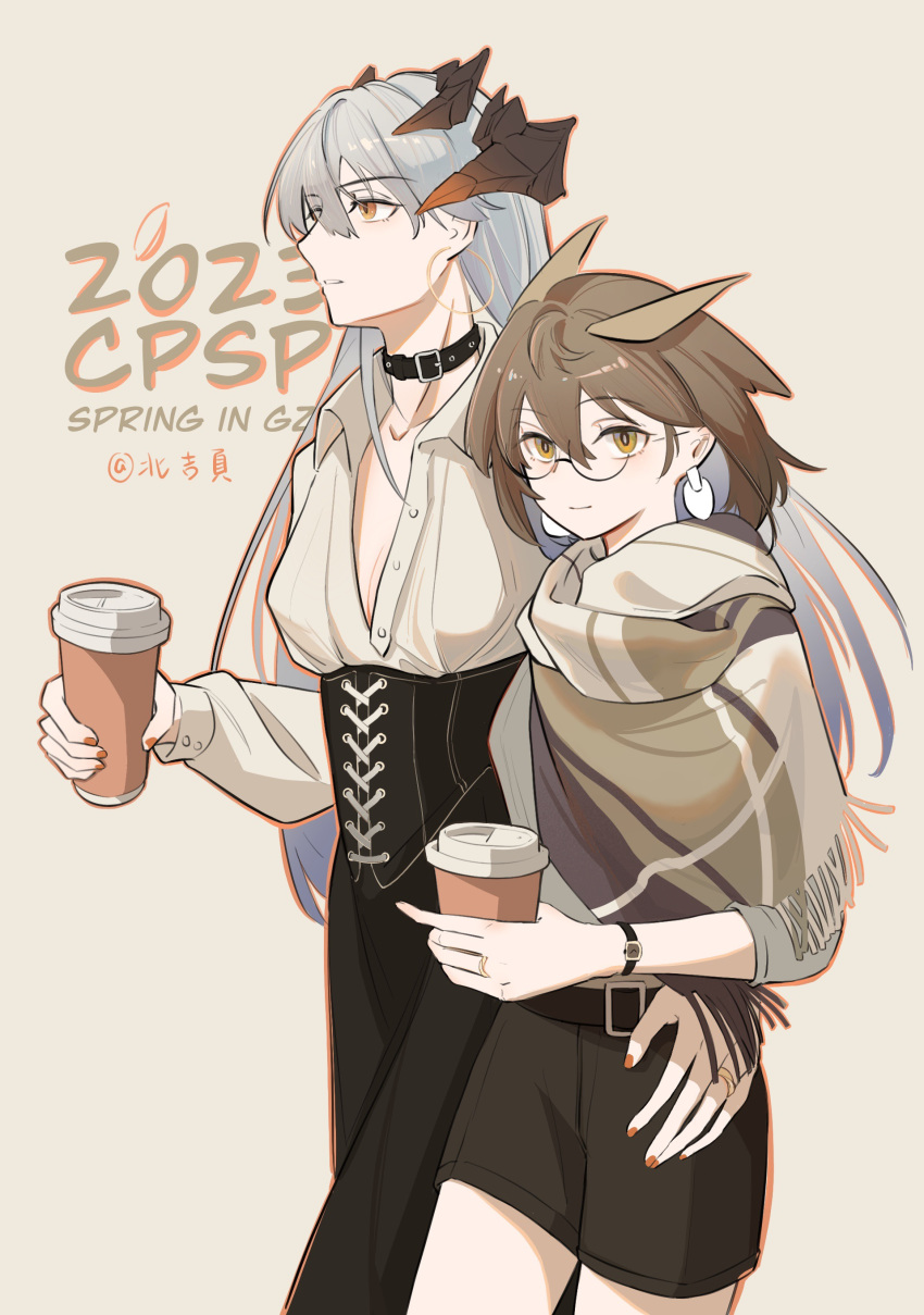 2girls absurdres arknights black-framed_eyewear black_collar black_pants black_shorts breasts brown_background brown_eyes brown_hair brown_scarf brown_shirt cleavage closed_mouth coffee_cup collar collarbone collared_shirt commentary_request cup disposable_cup dress_shirt fringe_trim glasses grey_hair highres holding holding_cup horns lgghcjj long_hair looking_at_viewer looking_away multiple_girls nail_polish pants parted_lips red_nails saria_(arknights) scarf semi-rimless_eyewear shirt short_shorts shorts silence_(arknights) simple_background small_breasts smile under-rim_eyewear very_long_hair watch wristwatch