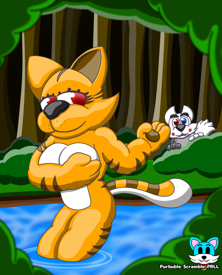 anthro blue_eyes breasts calling canid canine canis duo ears_up felid female florest grey_body hi_res holding_breast looking_at_another male mammal mechanical_arm multicolored_eyes nervous open_mouth orange_body pantherine partially_submerged plant purblube_scramble-prll red_eyes simple_background tiger tree two_tone_eyes water white_body wolf