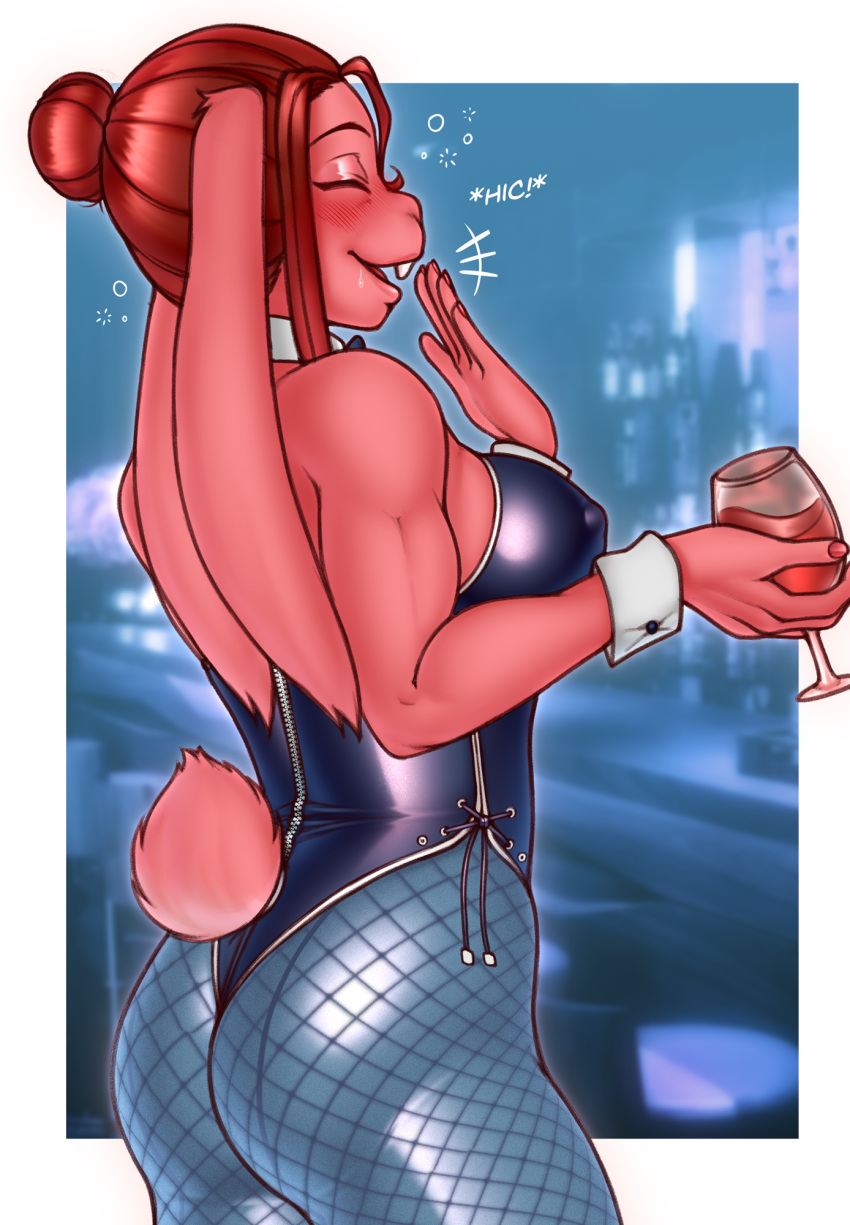 alcohol anthro beverage big_ears blue_clothing breasts brown_hair bubble buckteeth buffbumblebee butt clothed clothing container cup drinking_glass drunk drunk_bubble female fishnet_leggings fur glass glass_container glass_cup hair hair_bun hi_res hiccuping lagomorph leotard leporid long_ears mammal nipple_outline pink_body pink_fur rabbit shirt_collar short_tail side_view smile solo substance_intoxication tail teeth tight_clothing wine wine_glass