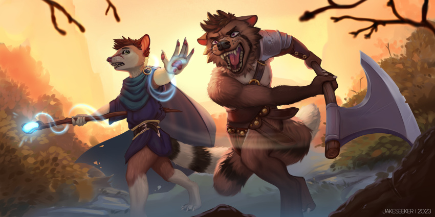 anthro barbarian bottomwear cacomistle clothed clothing detailed_background digital_media_(artwork) fingers hair hi_res holding_object holding_weapon jakeseeker magic magic_user male mammal melee_weapon muscular open_mouth outside polearm procyonid raccoon staff teeth warrior weapon