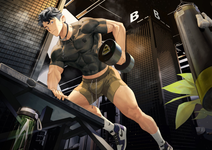 1boy bara black_hair black_shirt blue_eyes bottle closed_mouth covered_abs dumbbell exercise green_shorts highres holding jewelry large_pectorals male_focus muscular muscular_male nanyu1998 necklace original pectorals shirt short_hair shorts solo thick_thighs thighs water_bottle weightlifting