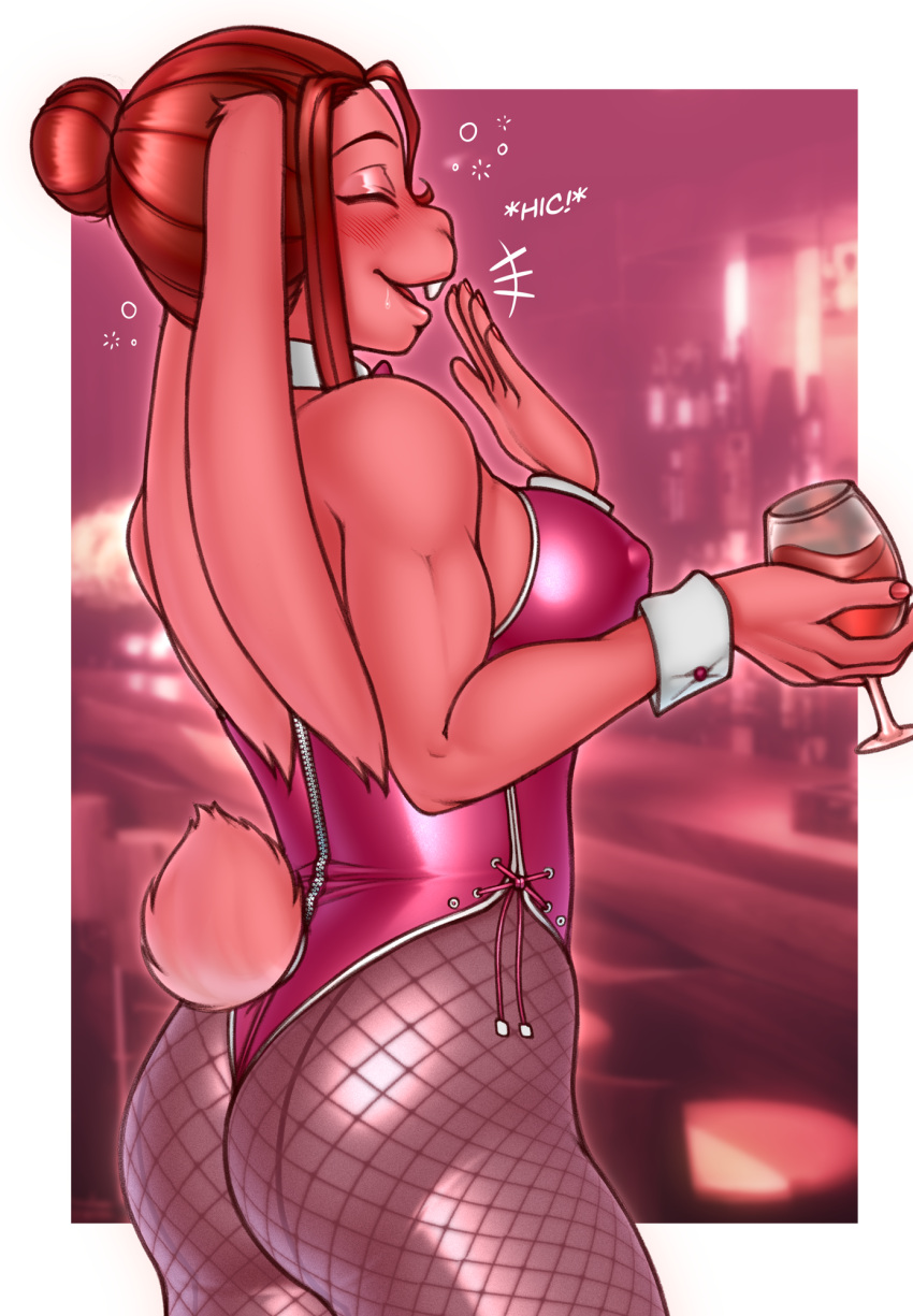 alcohol anthro beverage big_ears breasts brown_hair bubble buckteeth buffbumblebee butt clothed clothing container cup drinking_glass drunk drunk_bubble female fishnet_leggings fur glass glass_container glass_cup hair hair_bun hi_res hiccuping lagomorph leotard leporid long_ears mammal nipple_outline pink_body pink_fur rabbit red_clothing shirt_collar short_tail side_view smile solo substance_intoxication tail teeth tight_clothing wine wine_glass