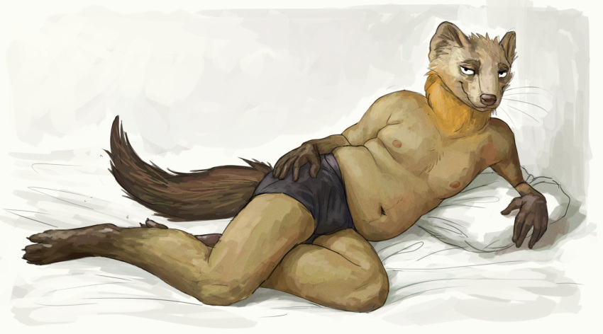 2019 anthro belly bottomwear cettus clothed clothing fur gulonine hand_on_hip hi_res looking_at_viewer love_handles lustful_gaze lying male mammal marten mustelid musteline on_side pillow pinup pose resting sable_(marten) shorts simple_background slightly_chubby slightly_chubby_anthro slightly_chubby_male smile solo tail tan_body tan_fur topless