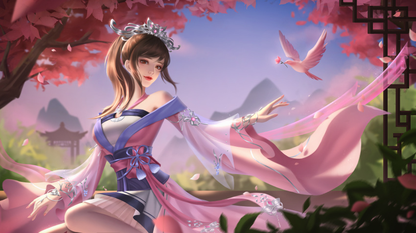 1girl absurdres artist_request bare_legs bird blue_sky brown_hair chi_lian_(qin_shi_ming_yue) closed_mouth dress falling_petals flower flying highres long_sleeves medium_hair o-ring_dress petals pink_dress ponytail qin_shi_ming_yue sash second-party_source sky solo tiara tree