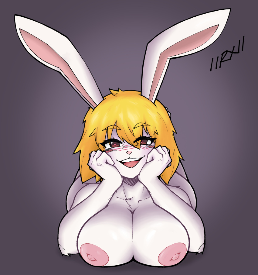 &lt;3 &lt;3_eyes absurd_res akibarx anthro areola big_breasts blonde_hair blush blush_lines breast_squish breasts carrot_(one_piece) female hair hi_res lagomorph leporid looking_at_viewer lying mammal minkmen_(one_piece) nipples on_front one_piece rabbit smile solo squish white_body