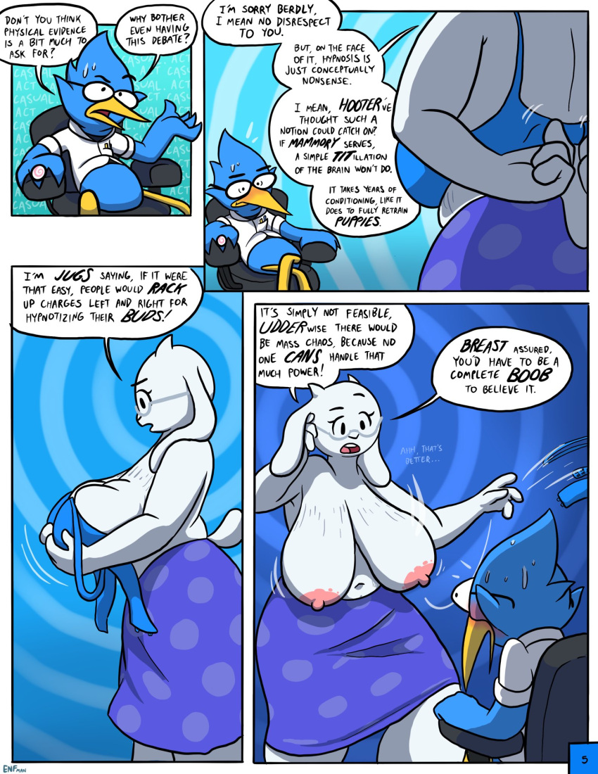 abstract_background anthro avian berdly big_breasts bird blush bodily_fluids bovid bra breasts caprine clothed clothing comic deltarune duo english_text eyewear female glasses goat hi_res huge_breasts hypnosis male male/female mammal mind_control nervous sagging_breasts spiral_background sweat text theenfman topless toriel unaware undertale_(series) underwear undressing
