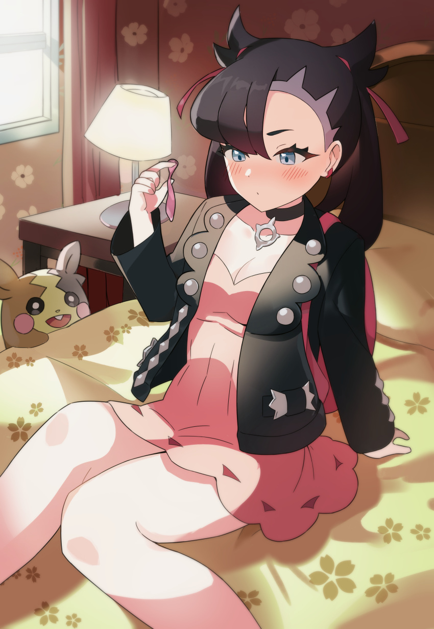 1girl absurdres arm_support asymmetrical_bangs backpack bag bangs black_choker black_hair black_jacket blush breasts choker cleavage closed_mouth commentary_request condom curtains dress earrings eyelashes floral_print hair_ribbon hand_up highres holding holding_condom indoors jacket jewelry korean_commentary lamp marnie_(pokemon) morpeko morpeko_(full) nightstand on_bed open_clothes open_jacket pillow pink_bag pink_dress pokemon pokemon_(creature) pokemon_(game) pokemon_swsh ribbon sitting sshyeok