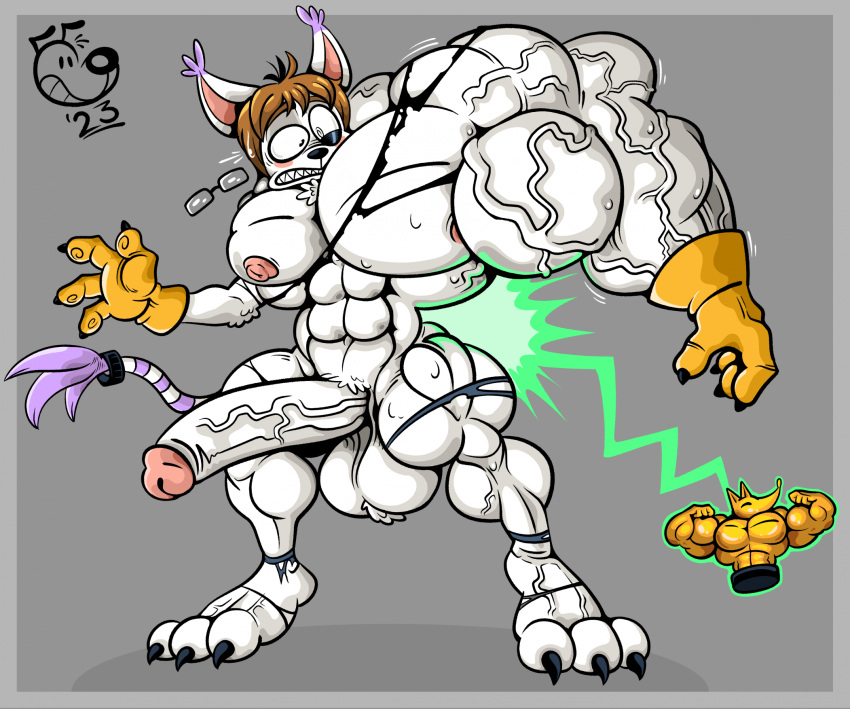 2023 3_toes 4_fingers abs accessory anthro arm_tuft ball_tuft balls bandai_namco big_muscles brown_hair chest_tuft claws clothing digimon digimon_(species) digital_media_(artwork) dogmanart domestic_cat ear_tuft erection eyebrows feet felid feline felis fingers fur furgonomics gatomon genitals growth hair hi_res huge_muscles humanoid_genitalia humanoid_penis jewelry magic male mammal muscle_growth muscular muscular_anthro muscular_male nipples penis ring sharp_teeth shocked signature solo standing tail tail_accessory tail_jewelry tail_ring teeth toe_claws toes torn_clothing tuft vein veiny_muscles veiny_penis white_body white_fur