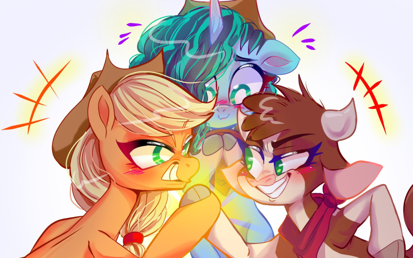 2_horns applejack_(mlp) arizona_cow_(tfh) arm_wrestling bandanna blonde_hair blue_body blue_hair blush bodily_fluids bovid bovine brown_body brown_hair cattle clothing cloven_hooves cornrows cowboy_hat crossover earth_pony equid equine female feral friendship_is_magic green_eyes grin group hair hasbro hat headgear headwear hereford_cattle hi_res hooves horn horse jully-park kerchief mammal misty_(g5) mlp_g5 multicolored_body my_little_pony neckerchief nervous no_pupils orange_body pony pupils red_kerchief red_neckerchief simple_background smile sweat sweatdrop them's_fightin'_herds trio two_tone_body unicorn white_background white_body white_pupils
