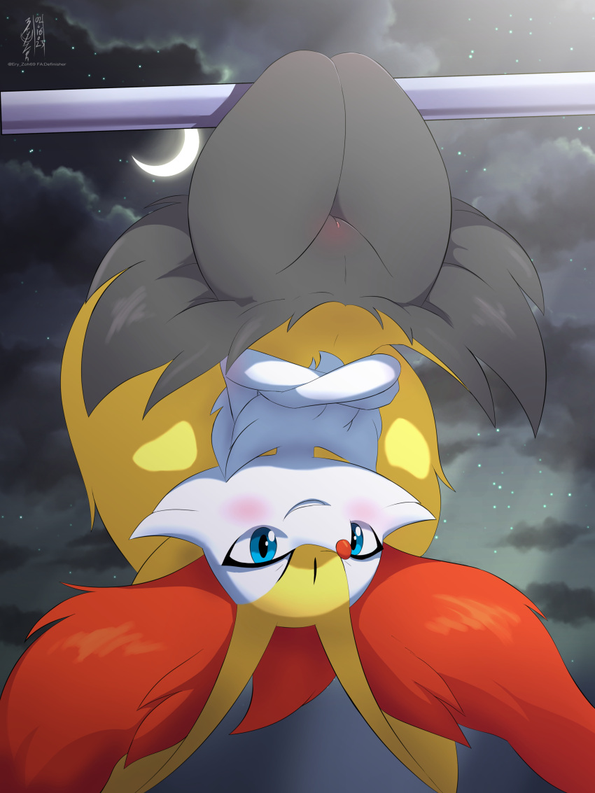 absurd_res anthro black_body blue_eyes blush braixen eryz female generation_6_pokemon genitals hi_res looking_at_viewer night nintendo outside pokemon pokemon_(species) pussy red_body solo upside_down white_body yellow_body