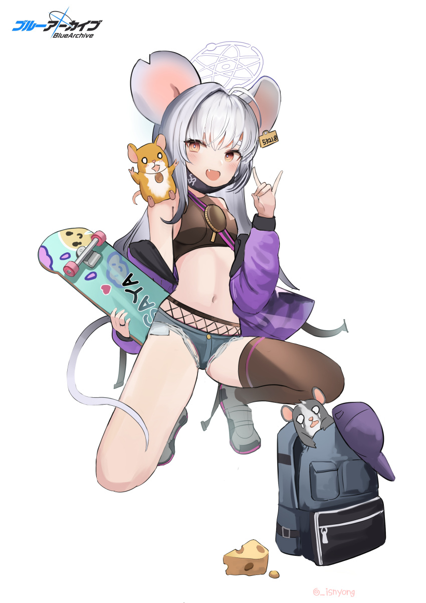 1girl absurdres ahoge animal_ears backpack bag bare_shoulders blue_archive blue_shorts breasts brown_shirt brown_thighhighs crop_top denim denim_shorts exposed_pocket fang fishnets fox_shadow_puppet halo highres iino_(isnyong) jacket long_hair long_sleeves looking_at_viewer mask mask_pull micro_shorts midriff mouse mouse_ears mouse_girl mouse_tail mouth_mask navel off_shoulder official_alternate_costume one_knee open_clothes open_jacket open_mouth purple_jacket red_eyes saya_(blue_archive) saya_(casual)_(blue_archive) shirt shoes shorts single_thighhigh skateboard sleeveless sleeveless_shirt small_breasts smile solo stomach tail thighhighs thighs torn_clothes torn_shorts white_hair