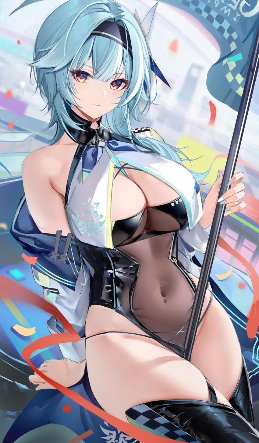 1girl absurdres alternate_costume bangs bare_shoulders between_breasts black_hairband black_leotard black_thighhighs blue_hair blush breasts cleavage closed_mouth congqian_you_ke_xing covered_navel eula_(genshin_impact) flag hair_ornament hairband highres holding holding_flag large_breasts leotard long_sleeves looking_at_viewer medium_hair navel_piercing off_shoulder piercing race_queen solo stomach thighhighs thighs yellow_eyes