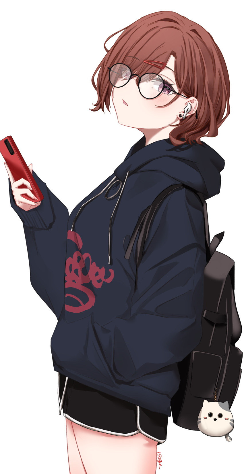 1girl absurdres airpods backpack bag bespectacled black-framed_eyewear black_shirt black_shorts blush brown_hair cellphone dolphin_shorts glasses hand_in_pocket highres higuchi_madoka holding holding_phone idolmaster idolmaster_shiny_colors looking_at_viewer looking_to_the_side phone red_eyes shirt short_shorts shorts simple_background solo vayneeeee white_background wireless_earphones