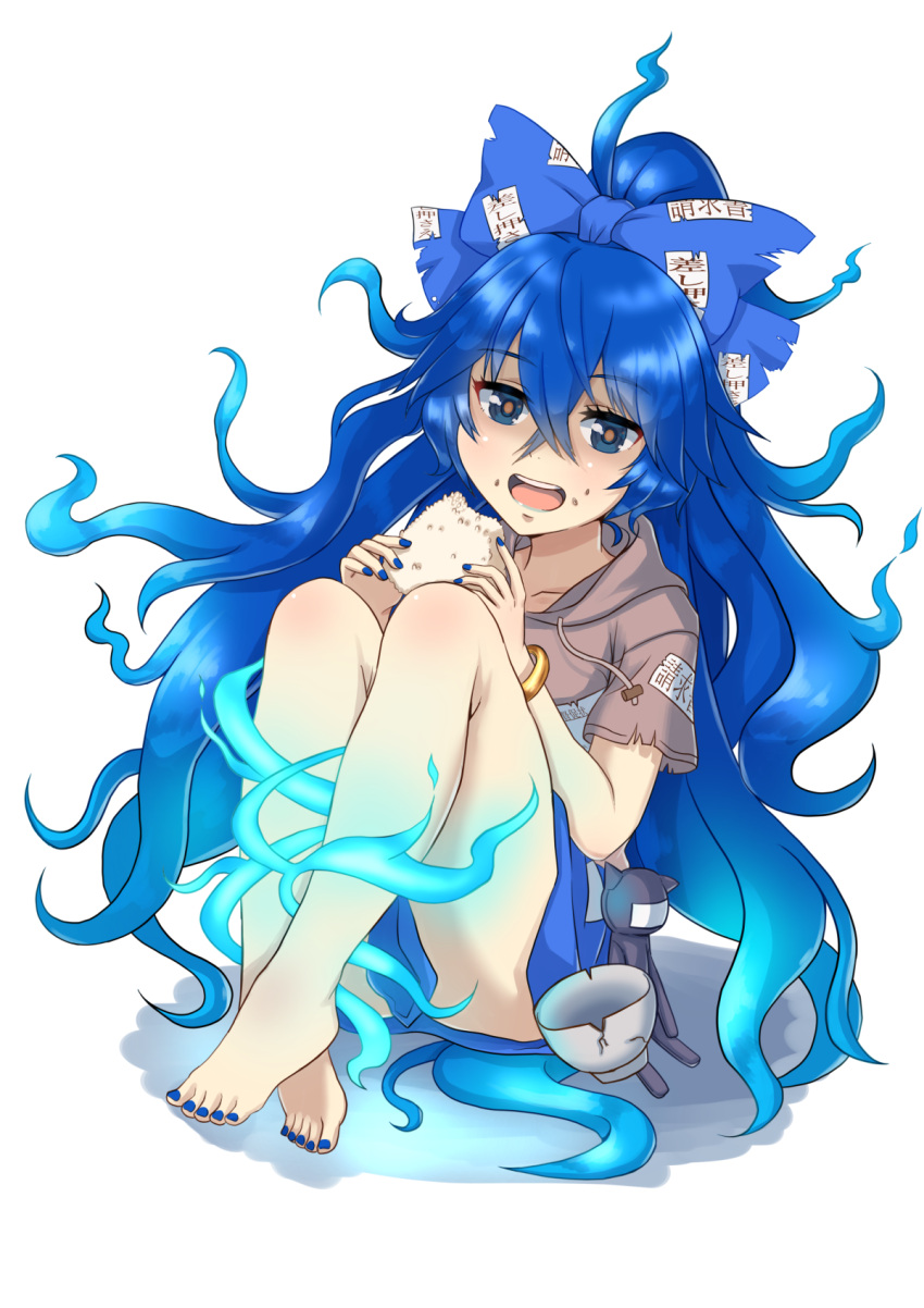 1girl ahoge bangle bangs barefoot blue_eyes blue_hair blue_nails blue_skirt blush bow bowl bracelet brown_pupils commentary crossed_bangs damaged debt eating food food_on_face full_body grey_hoodie hair_bow highres hood hood_down hoodie jewelry jouzou long_hair looking_at_viewer miniskirt nail_polish onigiri open_mouth rice rice_on_face short_sleeves simple_background skirt smile solo stuffed_animal stuffed_cat stuffed_toy teppeki_skirt toenail_polish toenails touhou very_long_hair white_background yorigami_shion