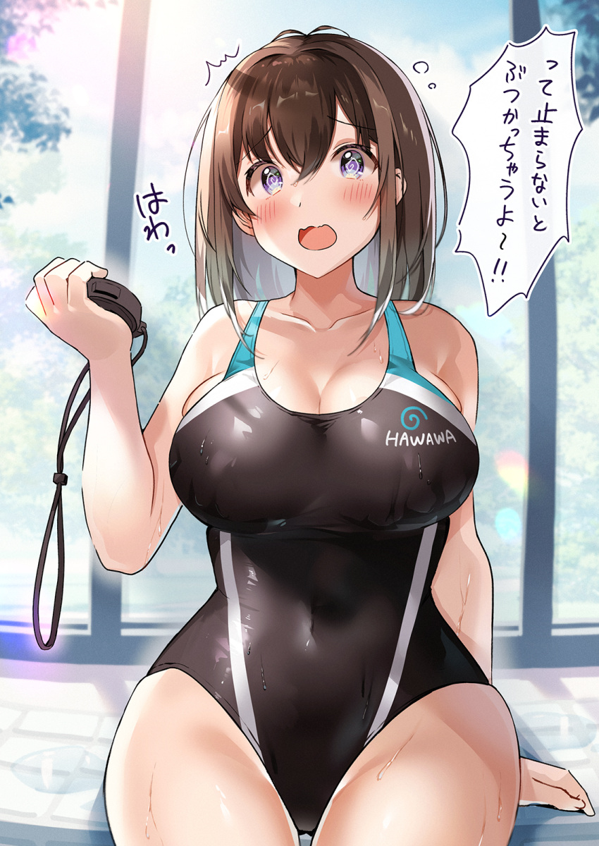 1girl @_@ ^^^ arm_support bangs black_one-piece_swimsuit blush breasts cleavage collarbone commentary_request competition_swimsuit covered_navel day hair_between_eyes hawawa-chan_(shiro_kuma_shake) highres holding holding_stopwatch large_breasts long_hair one-piece_swimsuit open_mouth original poolside purple_eyes shiro_kuma_shake sitting solo star-shaped_pupils star_(symbol) stopwatch swimsuit symbol-shaped_pupils translation_request tree wavy_mouth wide_hips window