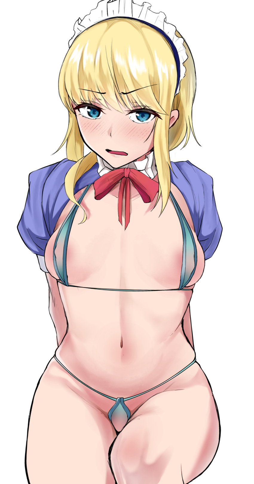 1girl 5moreyears absurdres areola_slip arms_behind_back bangs bikini blonde_hair blue_eyes blush bow bowtie breasts chevalier_d'eon_(fate) commentary_request commission covered_nipples fate/grand_order fate_(series) highres long_hair looking_at_viewer maid_headdress micro_bikini navel open_mouth pixiv_commission red_bow red_bowtie shrug_(clothing) simple_background sitting small_breasts solo stomach swimsuit white_background