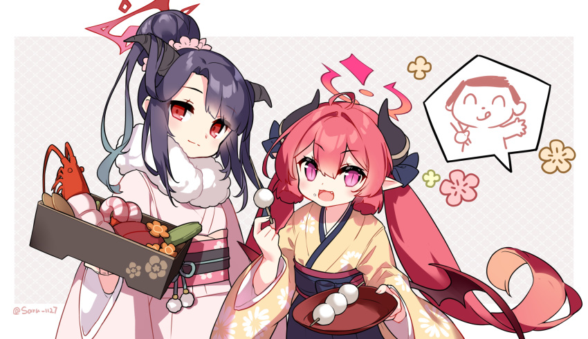 1boy 2girls :d ahoge arona's_sensei_doodle_(blue_archive) bangs black_hair black_hakama blue_archive blush brown_kimono closed_mouth commentary_request dango fang flower food food_on_face fuuka_(blue_archive) fuuka_(new_year)_(blue_archive) grey_background hair_between_eyes hair_bun hair_flower hair_ornament hakama hakama_skirt halo highres holding holding_tray horns japanese_clothes junko_(blue_archive) kimono low_twintails multiple_girls obi parted_bangs pink_flower pointy_ears purple_eyes red_hair saru sash sensei_(blue_archive) skirt smile tray twintails twitter_username wagashi white_kimono