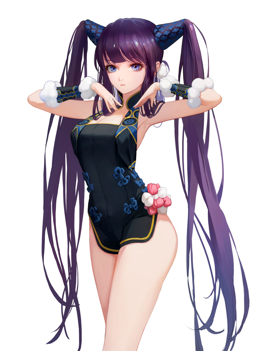 1girl absurdres armpits arms_up bangs bare_shoulders black_dress blue_eyes blunt_bangs breasts china_dress chinese_clothes cleavage detached_sleeves dress fate/grand_order fate_(series) hair_ornament highres large_breasts legs lizchief long_hair looking_at_viewer purple_hair side_slit sidelocks simple_background solo thighs twintails very_long_hair white_background wrist_cuffs yang_guifei_(fate)