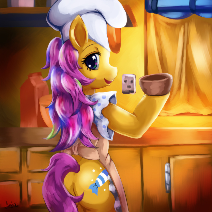 anthro apron apron_only bonbon_(mlp) butt chef_hat clothing colored cutie_mark detailed_background earth_pony equid equine female friendship_is_magic hasbro hat headgear headwear horse kunshomo looking_at_viewer looking_back looking_back_at_viewer mammal mlp_g1 mostly_nude my_little_pony pony pre-g4 shaded solo