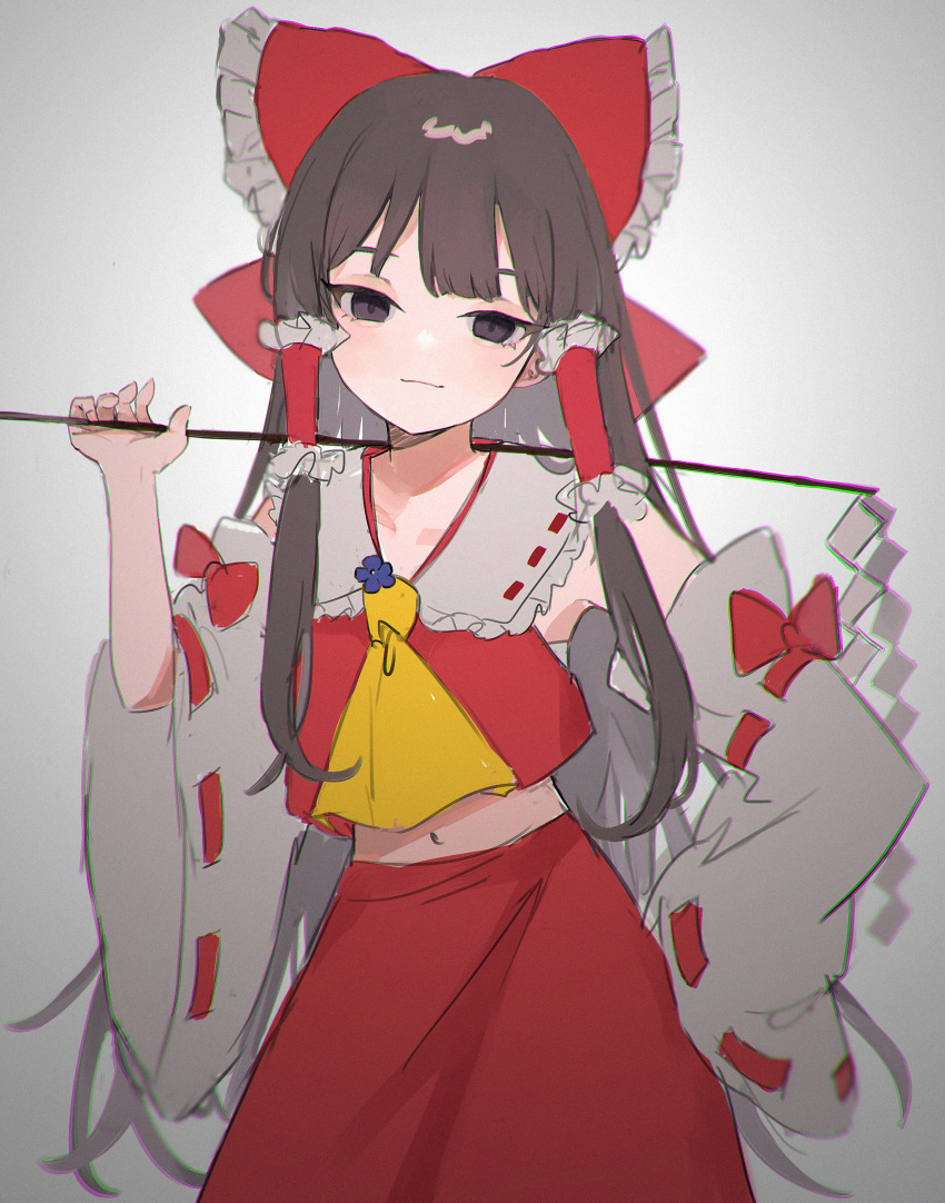 1girl absurdres ascot bangs blurry bow brown_eyes brown_hair chromatic_aberration closed_mouth collared_shirt cowboy_shot detached_sleeves film_grain frilled_bow frilled_hair_tubes frilled_shirt_collar frills gohei gradient_background grey_background hair_bow hair_tubes hakama hakama_skirt hakurei_reimu hand_on_hip highres holding holding_gohei japanese_clothes kani_nyan light_smile long_hair looking_at_viewer midriff miko navel red_bow red_hakama red_shirt red_skirt red_vest ribbon-trimmed_collar ribbon-trimmed_sleeves ribbon_trim sarashi shirt sidelocks skirt skirt_set sleeveless sleeveless_shirt solo touhou vest white_background white_sleeves wide_sleeves yellow_ascot