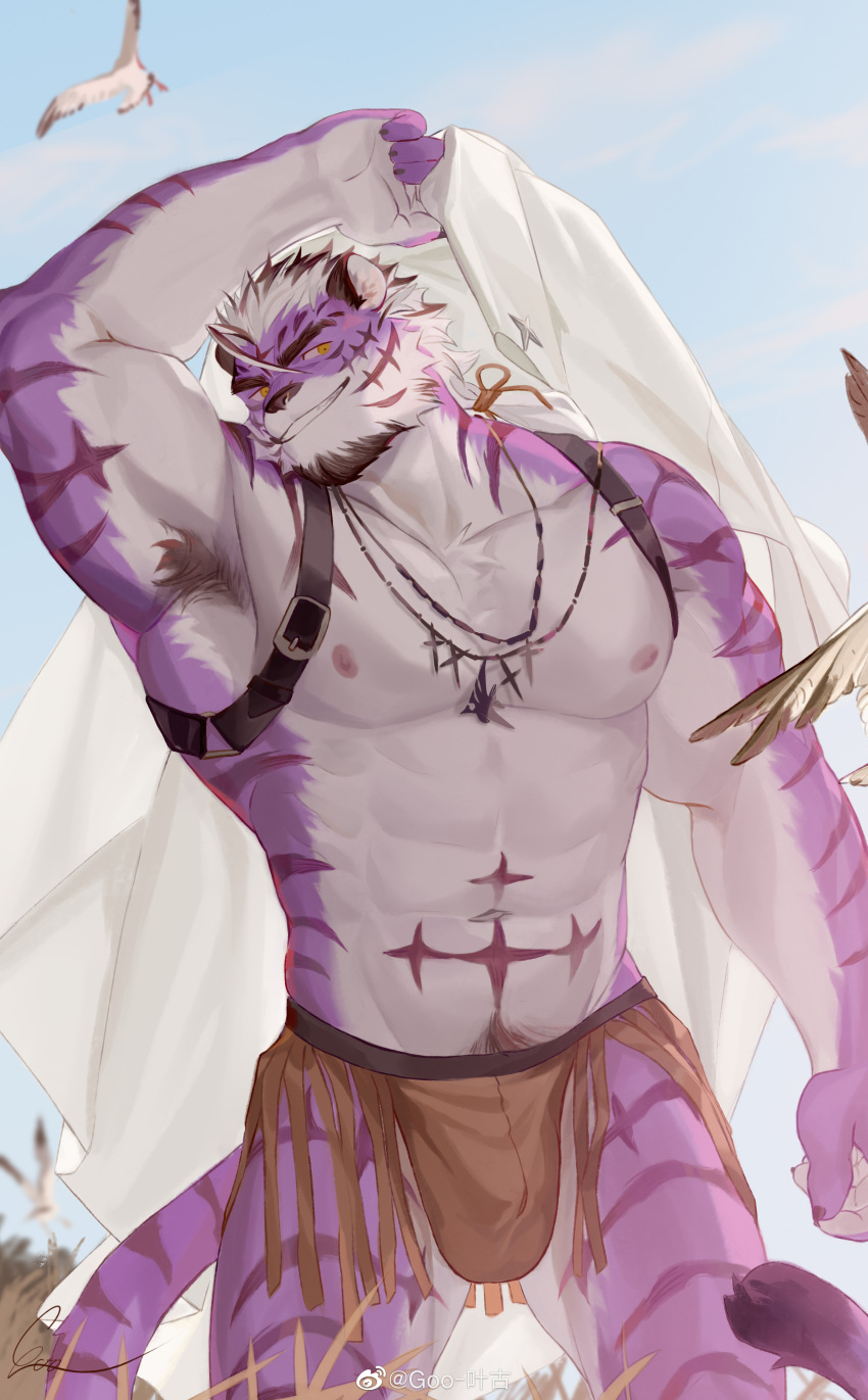 1boy abs absurdres armpit_hair armpits bara biceps brown_male_underwear bulge chest_belt commission diamond_(shape) facial_hair feet_out_of_frame forked_eyebrows furry furry_male goatee goo_(koushishikou11) head_tilt highres holding holding_clothes holding_shirt jewelry large_pectorals loincloth male_focus male_underwear multicolored_hair muscular muscular_male navel necklace nipples original pectorals purple_fur sadiend shirt shirt_removed short_hair smile solo standing stomach streaked_hair thick_eyebrows thighs tiger_boy topless_male two-tone_fur underwear white_hair