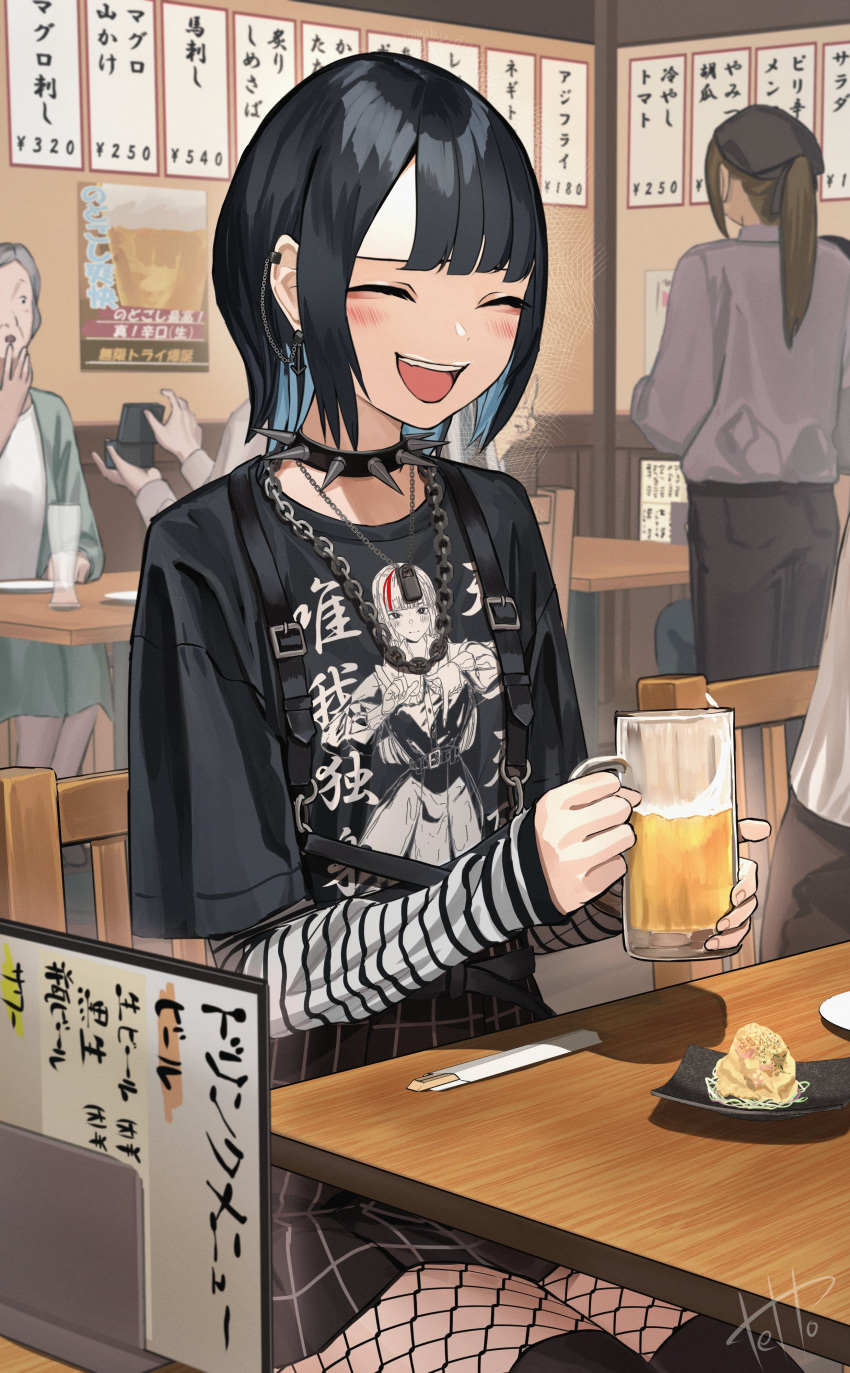 2boys 3girls :d absurdres alcohol beer beer_glass black_pants black_shirt black_skirt black_thighhighs blush buta5813 chain_necklace chair checkered_clothes checkered_skirt chopsticks closed_eyes collar commentary_request cup douryou_(buta5813) drinking_glass earpiece earrings eyebrows_hidden_by_hair fishnet_pantyhose fishnets food grey_skirt hand_to_own_mouth happy head_tilt highres holding holding_cup indoors jewelry layered_sleeves leather_strap long_sleeves loose_clothes loose_shirt medium_hair menu miniskirt multiple_boys multiple_girls necklace on_chair original pants pantyhose plate print_shirt proposal ring_box shirt short_over_long_sleeves short_sleeves sidelocks sitting skirt sleeves_past_wrists smile solo spiked_collar spikes strap striped_sleeves table teeth thighhighs upper_teeth_only white_shirt