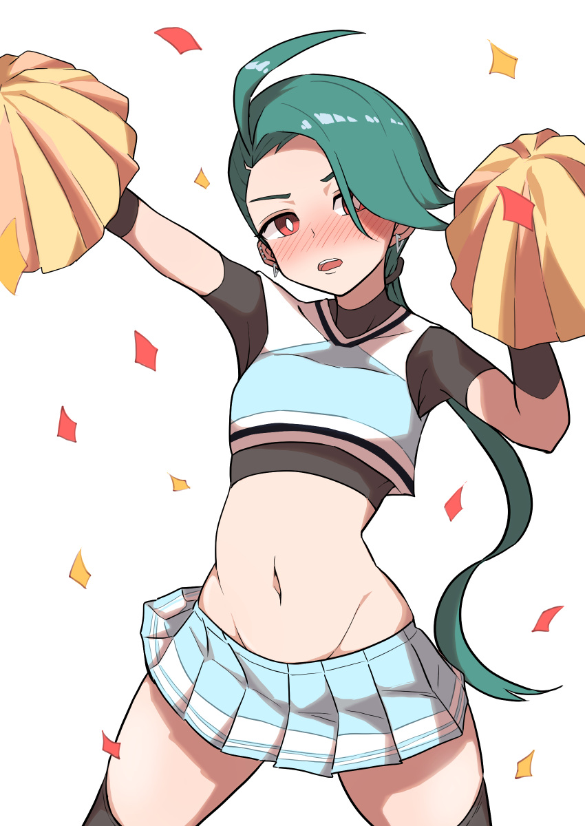 1girl absurdres ahoge alternate_costume bangs bright_pupils cheerleader commentary_request confetti cowboy_shot cropped_shirt earrings green_hair highres holding holding_pom_poms inaiti_ina jewelry legs_apart long_hair midriff navel open_mouth pleated_skirt pokemon pokemon_(game) pokemon_sv pom_pom_(cheerleading) ponytail rika_(pokemon) shirt skirt sleeveless sleeveless_shirt solo thighhighs undershirt white_background white_pupils