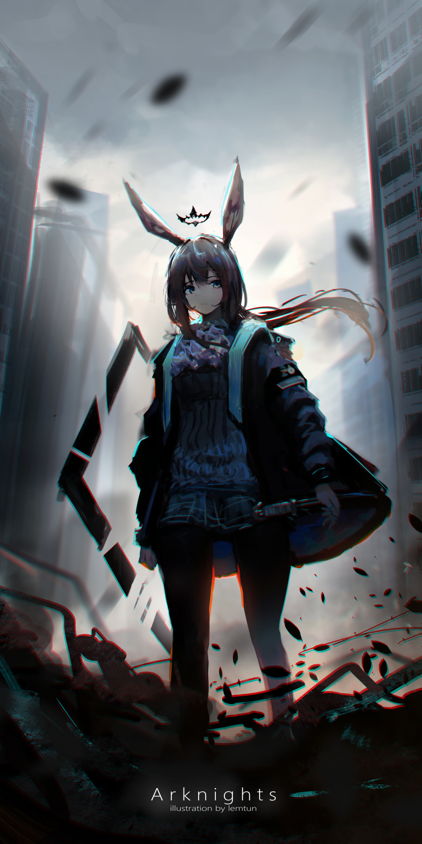 1girl absurdres amiya_(arknights) animal_ears arknights artist_name black_pantyhose blue_eyes blurry building closed_mouth commentary_request copyright_name depth_of_field facing_viewer full_body halo highres hood hooded_jacket jacket lemtun long_hair looking_away open_clothes open_jacket outdoors pantyhose pleated_skirt ponytail shirt sidelocks skirt solo standing