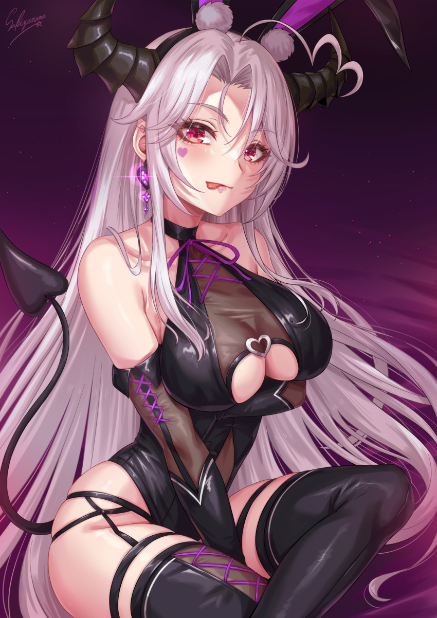 1girl :p animal_ears black_leotard black_thighhighs blush demon_horns demon_tail earrings fake_animal_ears gradient_background highres horns jewelry leotard long_hair looking_at_viewer original purple_background rabbit_ears red_eyes sakiyamama simple_background smile solo tail thighhighs tongue tongue_out