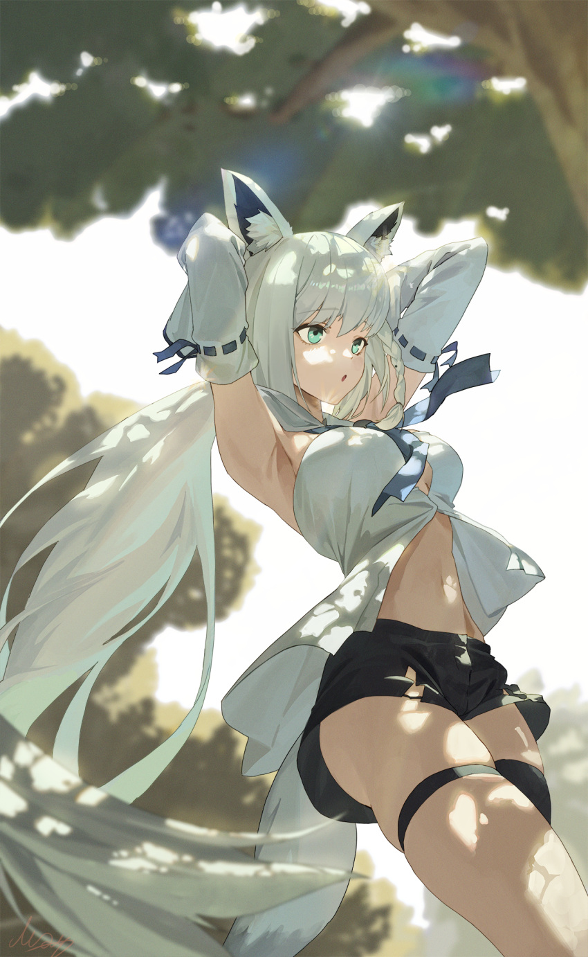 1girl alternate_costume animal_ears armpits arms_behind_head arms_up bangs black_skirt blue_eyes commentary detached_sleeves fox_ears fox_girl fox_tail highres hololive hololive_gamers long_hair m.q_(mqkyrie) navel open_mouth outdoors ribbon-trimmed_sleeves ribbon_trim shirakami_fubuki shirt skirt solo tail thigh_strap tree very_long_hair virtual_youtuber white_hair white_shirt