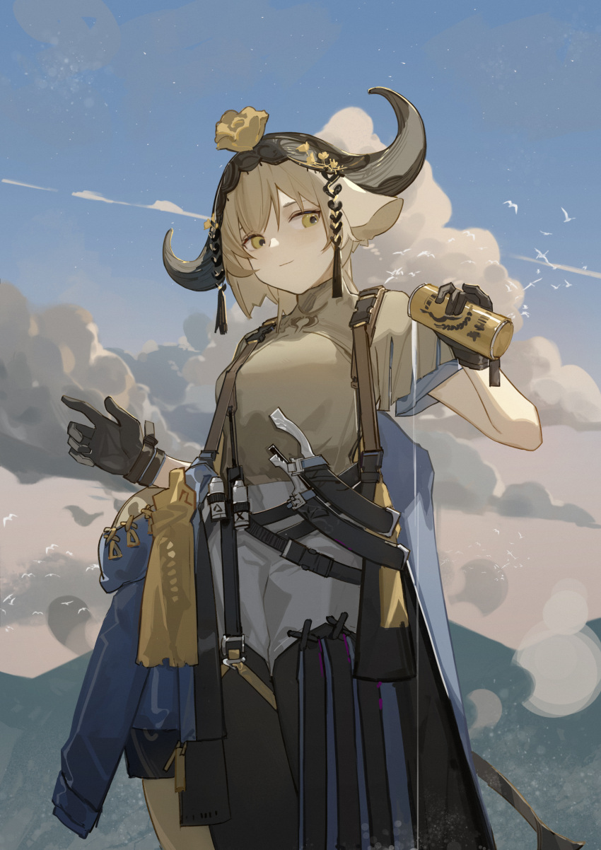 1girl absurdres animal_ears arknights bangs black_gloves brown_hair can clothes_around_waist cloud cow_ears cow_girl cow_horns drink flower flower_on_head gloves green_eyes highres holding holding_drink holster holstered_weapon horns jacket jacket_around_waist knife light_smile looking_to_the_side medium_hair mountain pallas_(a_drip_of_orea_and_potamous)_(arknights) pallas_(arknights) riknz shirt sky smile solo spilling weapon