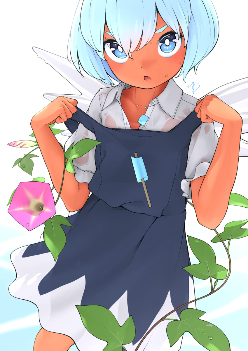 1girl black_dress blue_eyes blue_hair cirno commentary_request dress flower food highres huxiao_(mistlakefront) ice ice_wings open_mouth plant popsicle see-through see-through_silhouette shirt signature solo sweat tan tanned_cirno touhou unbuttoned unbuttoned_shirt v-shaped_eyebrows vines wet wet_clothes wet_shirt white_shirt wings