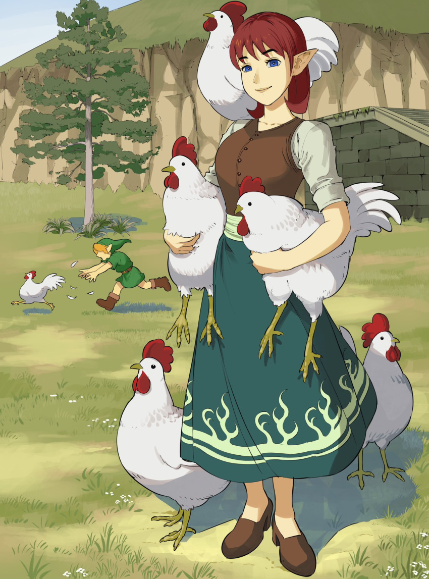 1boy 1girl animal anju bird blonde_hair blue_eyes boots breasts chasing chicken cliff commentary english_commentary giganticbuddha grass green_headwear hat highres holding holding_animal link long_skirt medium_breasts medium_hair pointy_ears red_hair shadow skirt sleeves_rolled_up the_legend_of_zelda the_legend_of_zelda:_ocarina_of_time tree young_link