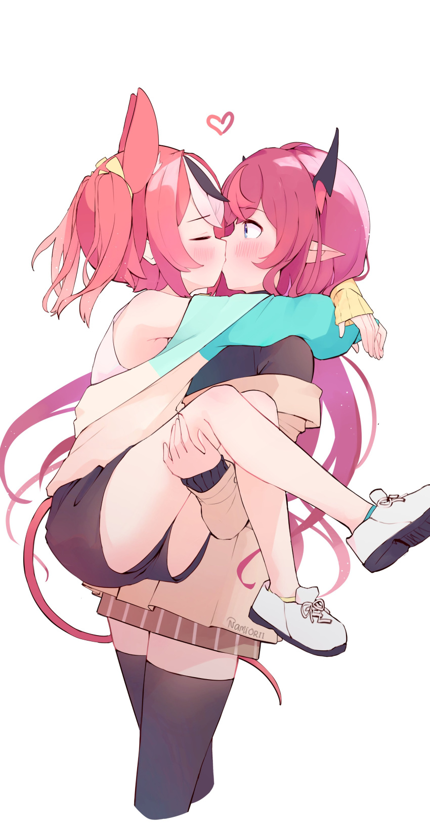 2girls absurdres animal_ears armpit_peek arms_around_neck bangs bare_legs bare_shoulders black_thighhighs carrying closed_eyes hakos_baelz heart highres holocouncil hololive hololive_english horns hug irys_(hololive) kiss legs long_hair medium_hair multiple_girls namiorii pointy_ears princess_carry red_hair short_shorts shorts standing thighhighs thighs wavy_hair white_background zettai_ryouiki