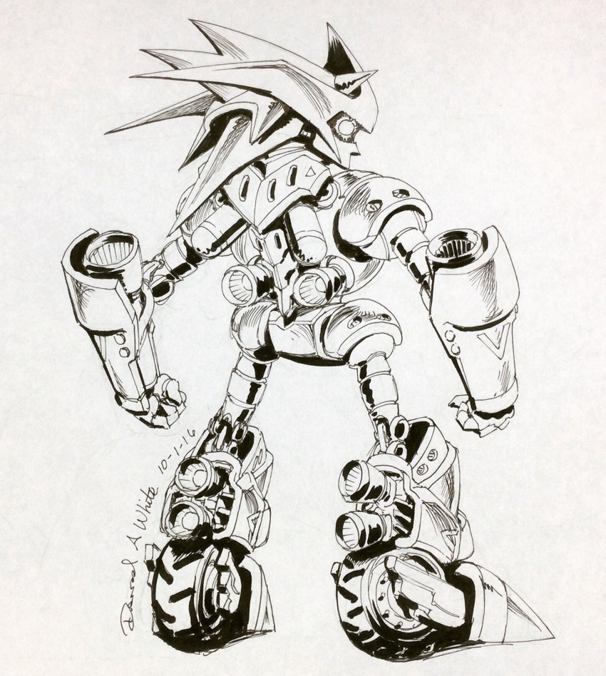 artist_name clenched_hands dated david_a_white from_behind greyscale highres humanoid_robot ink_(medium) looking_at_viewer looking_back mecha_sonic monochrome no_humans robot science_fiction sonic_&amp;_knuckles sonic_(series) thrusters traditional_media wheel