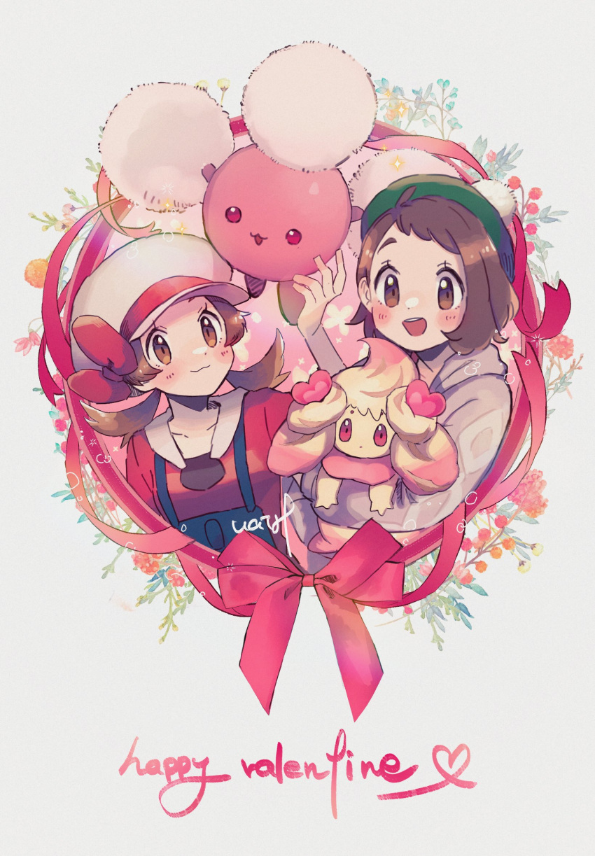 2girls :d alcremie alternate_color bangs blush brown_eyes brown_hair closed_mouth eyelashes gloria_(pokemon) green_headwear hand_up hanenbo happy_valentine hat heart highres holding holding_pokemon jumpluff long_hair lyra_(pokemon) multiple_girls open_mouth overalls pokemon pokemon_(creature) pokemon_(game) pokemon_hgss pokemon_swsh shiny_pokemon shirt signature smile tam_o'_shanter twintails valentine white_headwear