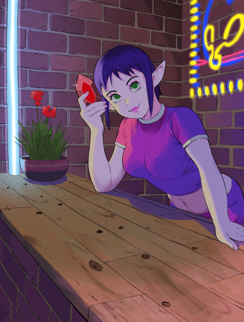 1girl breasts brick_wall commentary counter crop_top flower gem giganticbuddha green_eyes highres holding holding_gem lipstick makeup medium_breasts midriff mini-game_operator navel pink_lips plant pointy_ears potted_plant purple_hair purple_shirt rupee shirt short_hair smile solo the_legend_of_zelda the_legend_of_zelda:_ocarina_of_time upper_body
