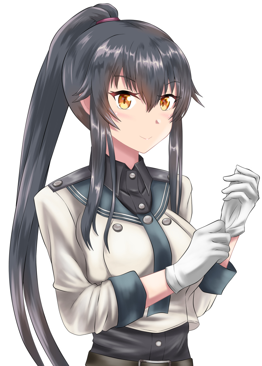 1girl absurdres belt black_hair breasts gloves highres kantai_collection large_breasts long_hair nipa_(graf_xsr900) ponytail school_uniform simple_background very_long_hair white_gloves yahagi_(kancolle) yellow_eyes