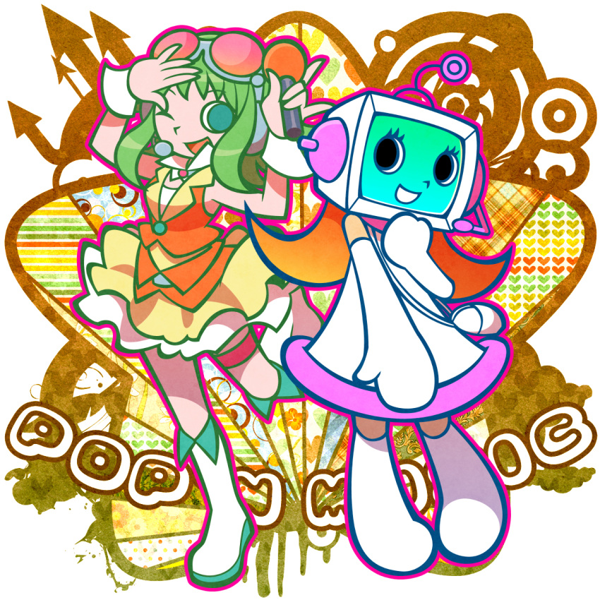 2girls alt_(pop'n_music) dress elbow_gloves eyelashes gloves goggles goggles_on_head green_eyes gumi hajime_(vasu) headset highres holding holding_microphone long_hair microphone mouse_(computer) multiple_girls official_style one_eye_closed open_mouth orange_dress pop'n_music red-tinted_eyewear robot robot_girl thigh_strap tinted_eyewear vocaloid white_footwear white_gloves wrist_cuffs