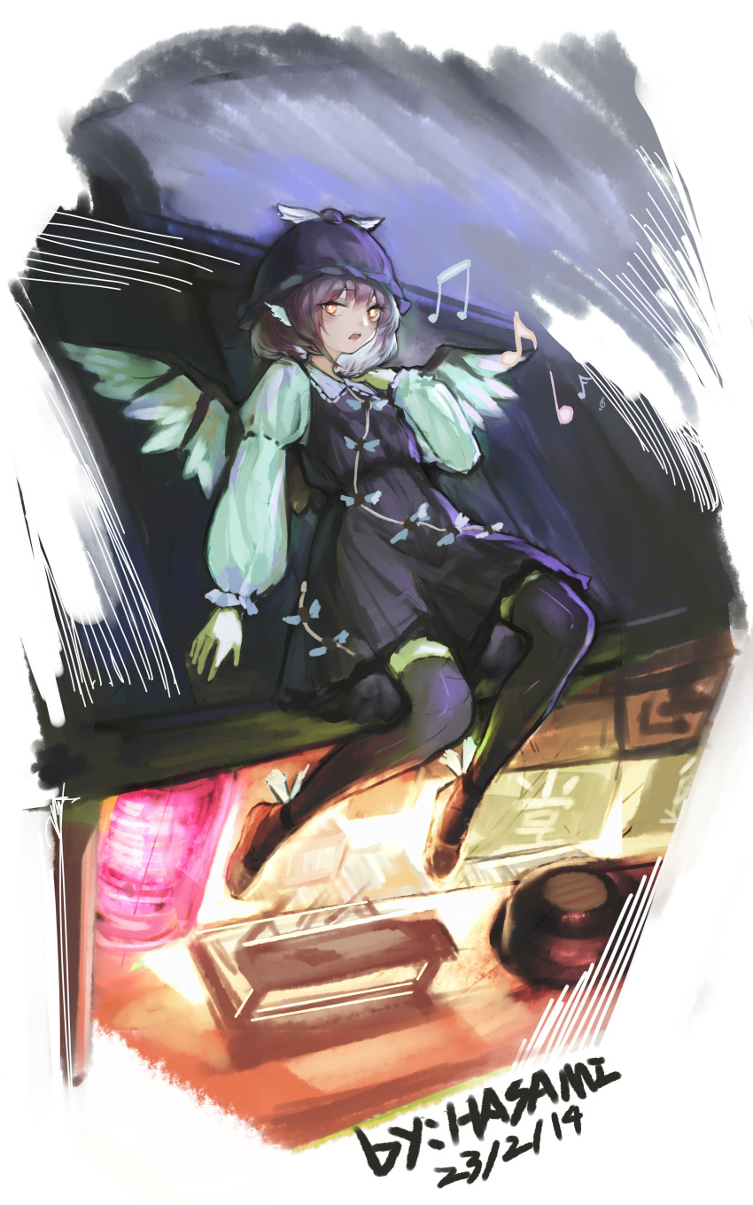 1girl absurdres animal_ears artist_name bangs beamed_eighth_notes bird_ears bird_wings brown_dress brown_footwear brown_headwear brown_thighhighs commentary dated dress eighth_note food_stand full_body hair_between_eyes hat highres hua_ha_jiazi lantern long_sleeves musical_note mystia_lorelei open_mouth paper_lantern pink_hair shoes short_hair sixteenth_note solo symbol-only_commentary thighhighs touhou treble_clef white_wings winged_footwear winged_hat wings yatai yellow_eyes