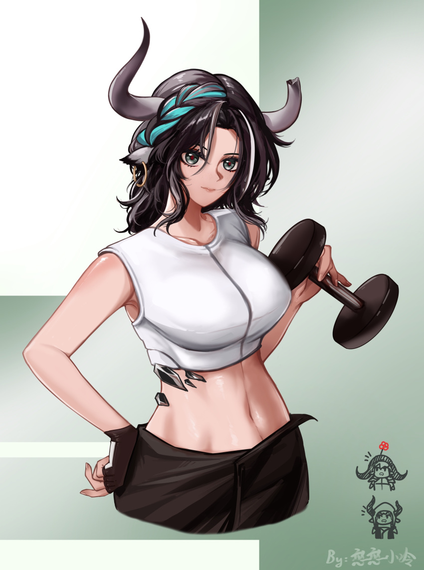 3girls absurdres animal_ears aqua_hair arknights artist_name bare_shoulders black_gloves black_hair braid breasts broken_horn chibi chibi_inset closed_mouth commentary_request cow_ears cow_girl cow_horns crop_top dumbbell fingerless_gloves gloves gradient_background green_background green_eyes han_han_xiao_leng hand_on_hip highres horns large_breasts long_hair looking_at_viewer midriff multicolored_hair multiple_girls navel oripathy_lesion_(arknights) pallas_(arknights) single_glove sleeveless smile stomach streaked_hair two-tone_hair vulcan_(arknights) wind_chimes_(arknights)