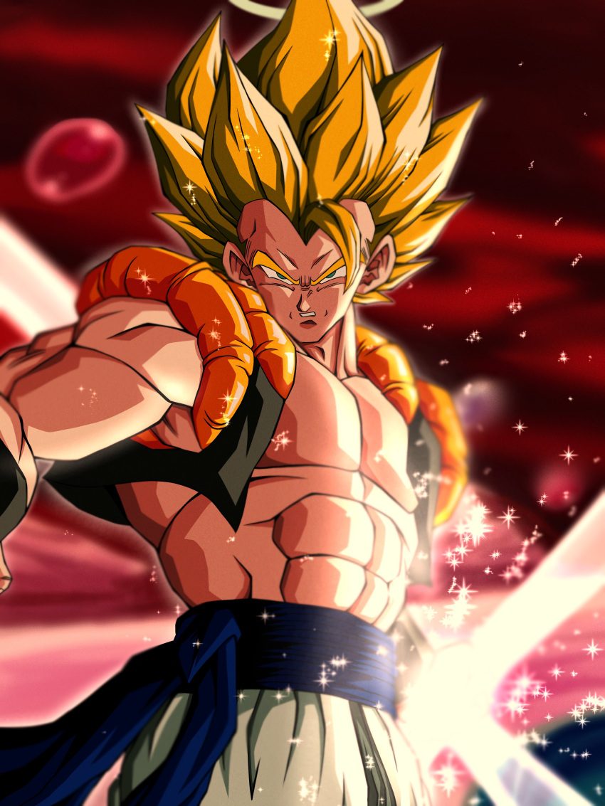 1boy abs absurdres blonde_hair commentary_request dragon_ball dragon_ball_z gogeta green_eyes halo highres hiro_(udkod1ezlyi2flo) male_focus metamoran_vest muscular muscular_male serious solo sparkle stardust_breaker super_saiyan super_saiyan_1 upper_body