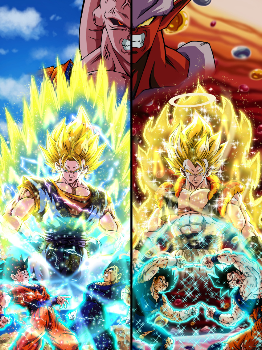 6+boys abs absurdres angry aura black_eyes black_hair black_sclera blonde_hair blue_sky clenched_teeth cloud colored_sclera commentary_request dragon_ball dragon_ball_z earrings electricity frown furrowed_brow fusion_dance gloves gogeta green_eyes halo hands_on_hips highres hiro_(udkod1ezlyi2flo) janemba jewelry majin_buu male_focus metamoran_vest multiple_boys muscular muscular_male open_mouth pointy_ears potara_earrings red_eyes serious sky smile son_goku sparkle split_screen super_buu super_saiyan super_saiyan_1 super_saiyan_2 teeth torn_clothes vegeta vegetto white_gloves