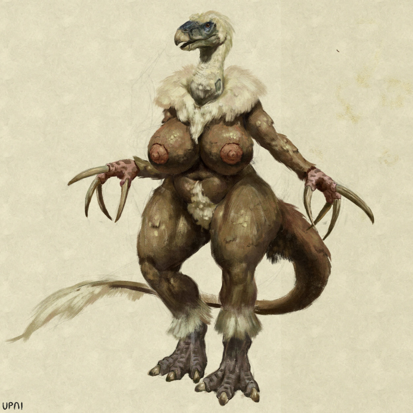 3_toes 4_fingers absurd_res anthro areola beak big_breasts breasts brown_body brown_feathers claws colored curvy_figure digital_media_(artwork) digital_painting_(artwork) digitigrade dinosaur feathers feet female finger_claws fingers grey_body grey_skin hi_res long_claws long_neck looking_at_viewer naturally_censored navel nipples nude open_mouth pink_body pink_skin portrait reptile scalie signature simple_background slightly_chubby solo standing tail tail_tuft therizinosaurid therizinosaurus theropod thick_thighs toe_claws toes tuft upai voluptuous white_body white_feathers wide_hips