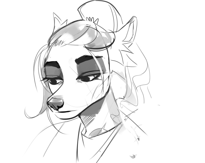 absurd_res anthro bust_portrait canid clothing ears_back eyelashes female hair hi_res long_hair looking_aside mammal monochrome mouth_closed narrowed_eyes pivoted_ears portrait simple_background sketch solo unknowhiter
