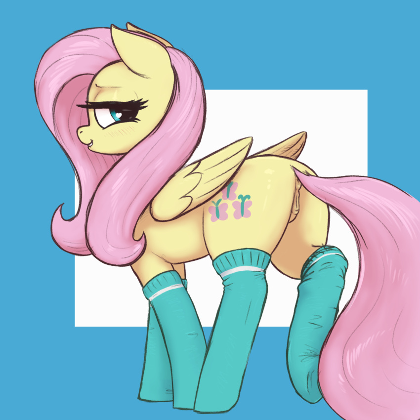 &lt;3 &lt;3_eyes anatomically_correct anatomically_correct_genitalia anatomically_correct_pussy animal_genitalia animal_pussy anus bite biting_lip butt clothing cutie_mark digital_media_(artwork) equid equine equine_genitalia equine_pussy eyelashes feathered_wings feathers female feral fluttershy_(mlp) folded_wings friendship_is_magic genitals hair hasbro hi_res legwear long_hair looking_back mammal my_little_pony pegasus pink_hair pink_tail pussy simple_background solo stockings t72b tail wings yellow_body yellow_feathers