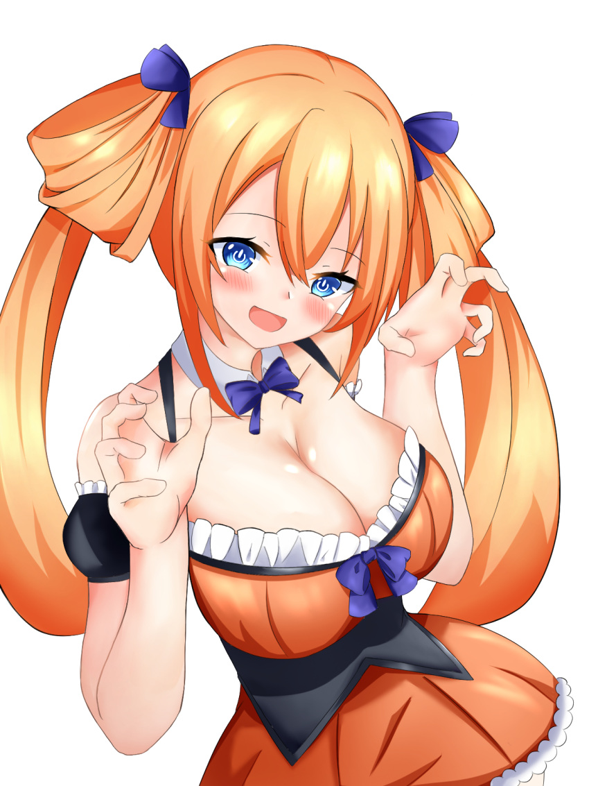 1girl :d alternate_costume blue_bow blue_bowtie blue_eyes blush bow bowtie breasts claw_pose cleavage detached_collar detached_sleeves dress frilled_dress frills hair_bow hair_rings hands_up happy head_tilt highres large_breasts long_hair looking_at_viewer medium_breasts neptune_(series) nitoya orange_dress orange_hair orange_heart power_symbol shin_jigen_game_neptune_vii smile solo symbol-shaped_pupils twintails very_long_hair